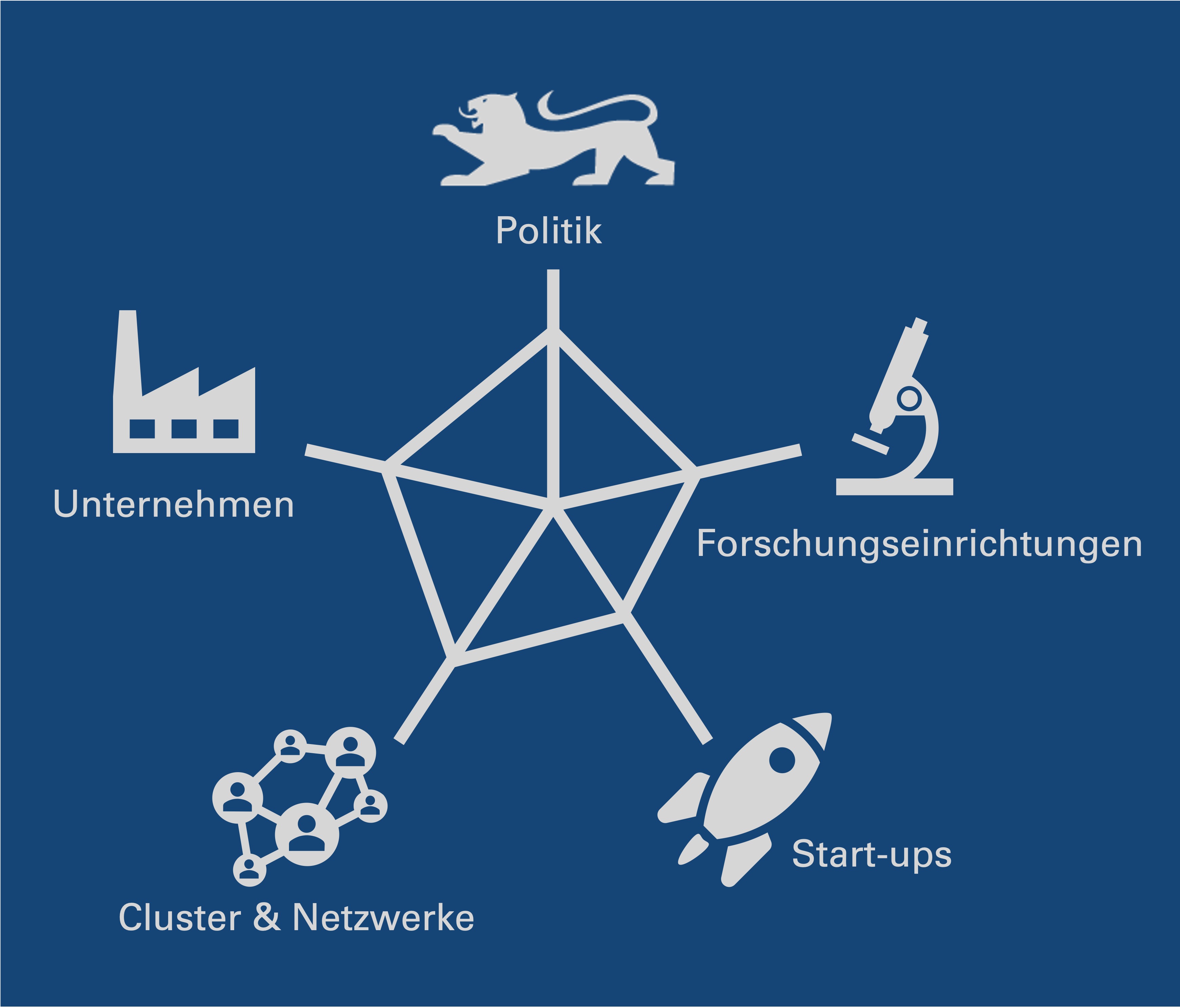 Grafik, die mit Hilfe von Icons darstellt, für wen die BIOPRO Ansprechpartner ist: Für Politik, Forschungseinrichtungen, Startups, Cluster und Netzwerke und Unternehmen