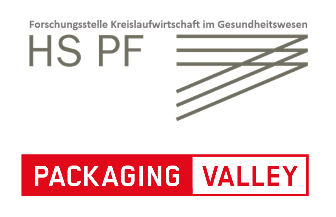 Logos der Forschungsstelle Kreislaufwirtschaft im Gesundheitswesen Hochschule Pforzheim und des Packaging Valley