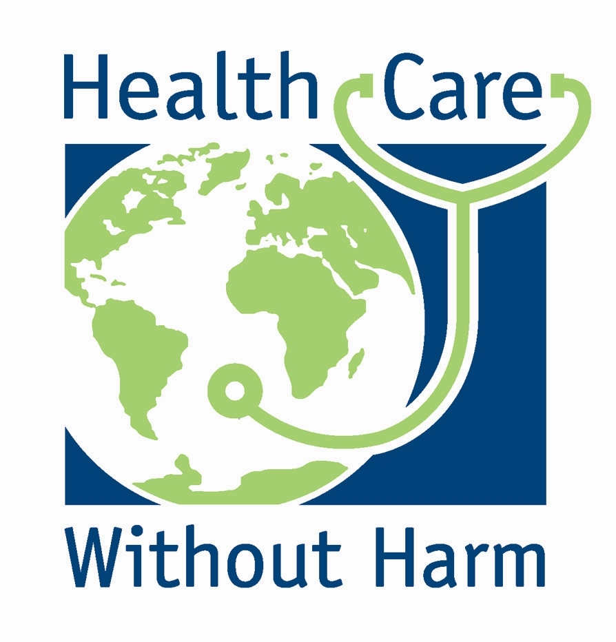 The logo of HCWH shows a globe with green continents, framed by the name of the organisation. A stethoscope leads from the word Care to the globe.