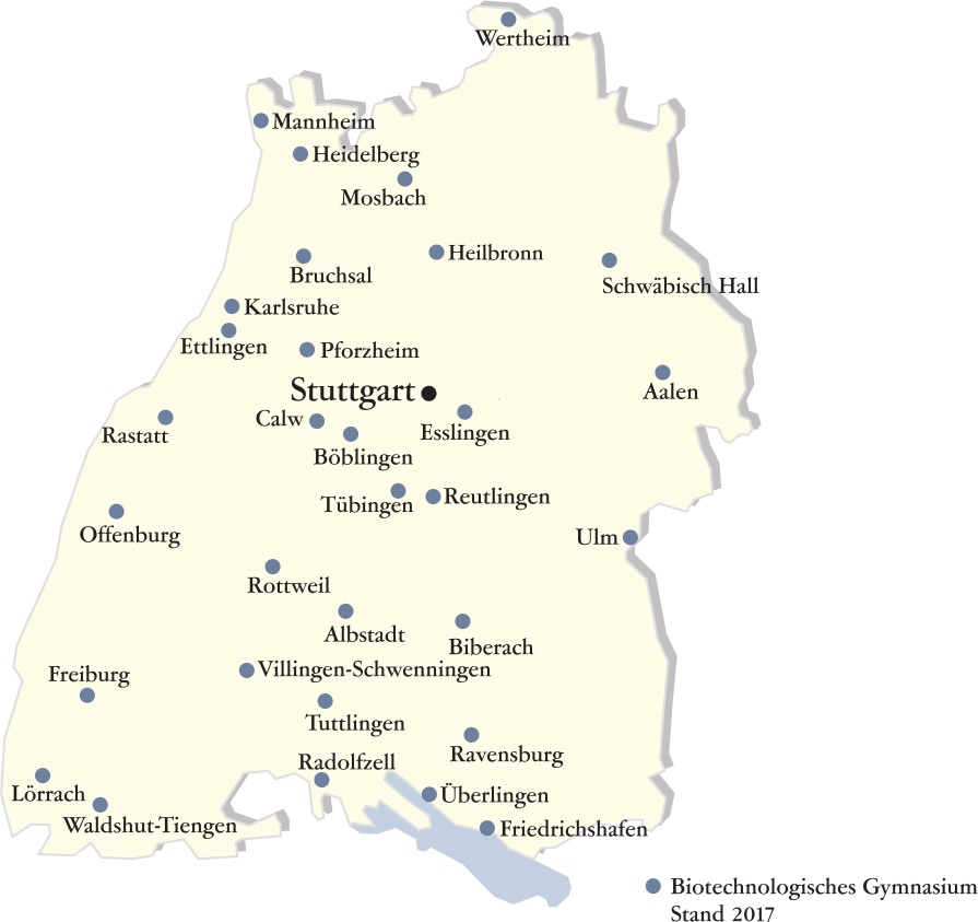 Landkarte von Baden-Württemberg mit Standorten der Biotechnologischen Gymnasien.