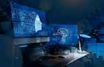 There are two large computer screens on a desk with a computer mouse and keyboard. The screens show a stylized human head and a head in which parts of the brain structure are stylized. They are surrounded by a network.