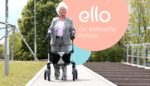 Eine ältere Dame läuft mit einem Rollator auf einem Gehweg.
