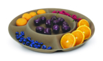 Computer model of a brown paper bowl with several compartments, each containing one type of fruit - tangerines, raspberries, orange slices, blueberries on the outside and cherries in the middle.