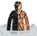 The picture shows the silhouette of a jacket with hood. This is divided in the middle and consists half of black plastic particles and the other half of wood chips.
