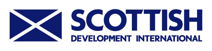 The logo features the word ‘Scottish Development International’ in blue with a white background. `Scottish's written in bigger letters as a headliner. On the left side is a blue envelope.